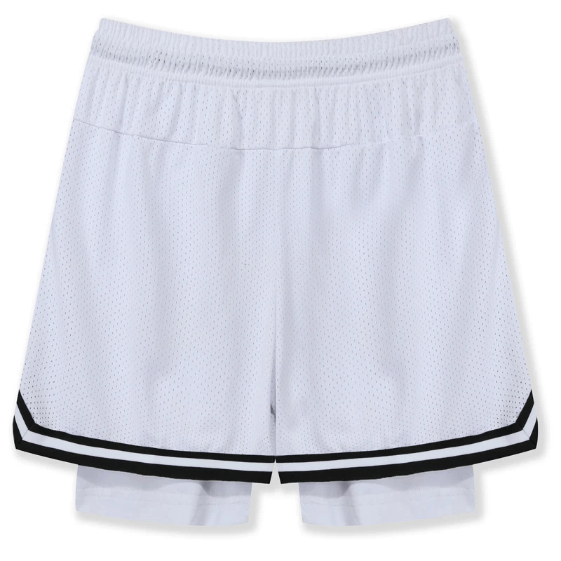 Men's basketball double-layer shorts with stylish white mesh and black stripes, perfect for training and games. Stay cool and dry.