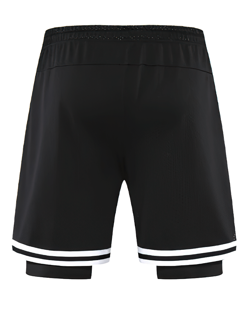 Back view of men's double-layer basketball shorts with black and white stripes, SF2167, perfect for training and games.