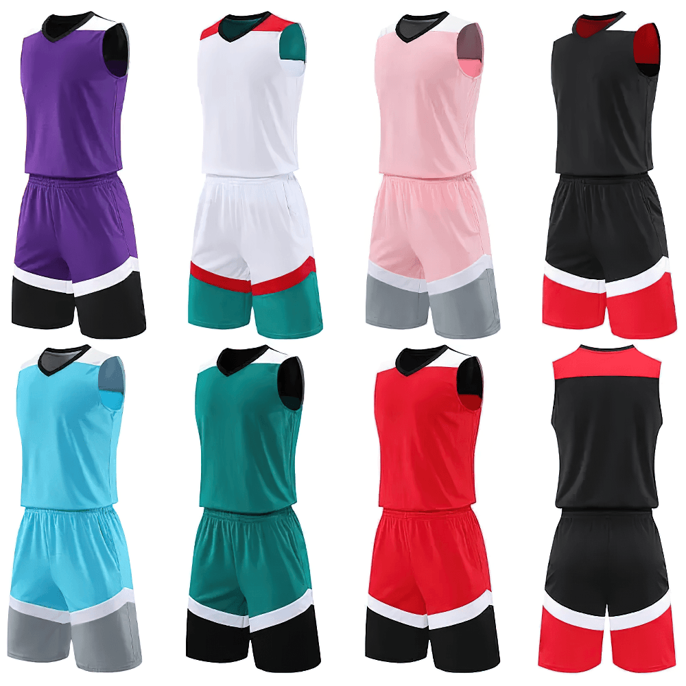 Men's Basketball Jersey and Shorts Training Set - SF4557 in various colors including purple, pink, teal, and red.