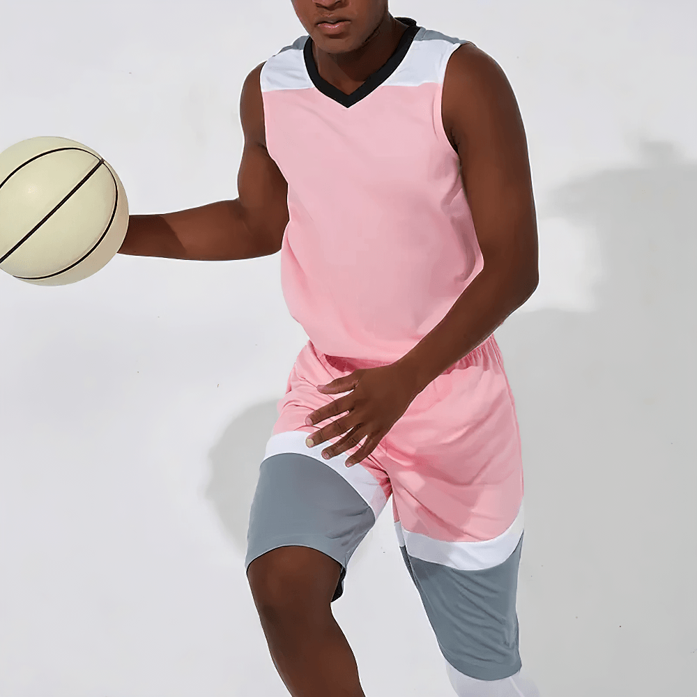 Men's Basketball Jersey and Shorts Training Set - SF4557 worn by athlete holding a basketball while in action.