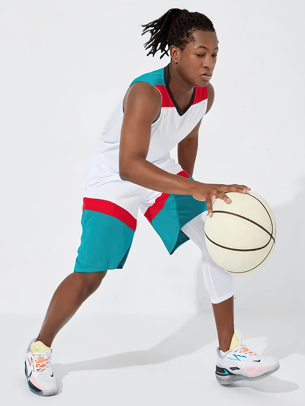 Men's Basketball Jersey and Shorts Training Set - SF4557 worn by a player dribbling a basketball.