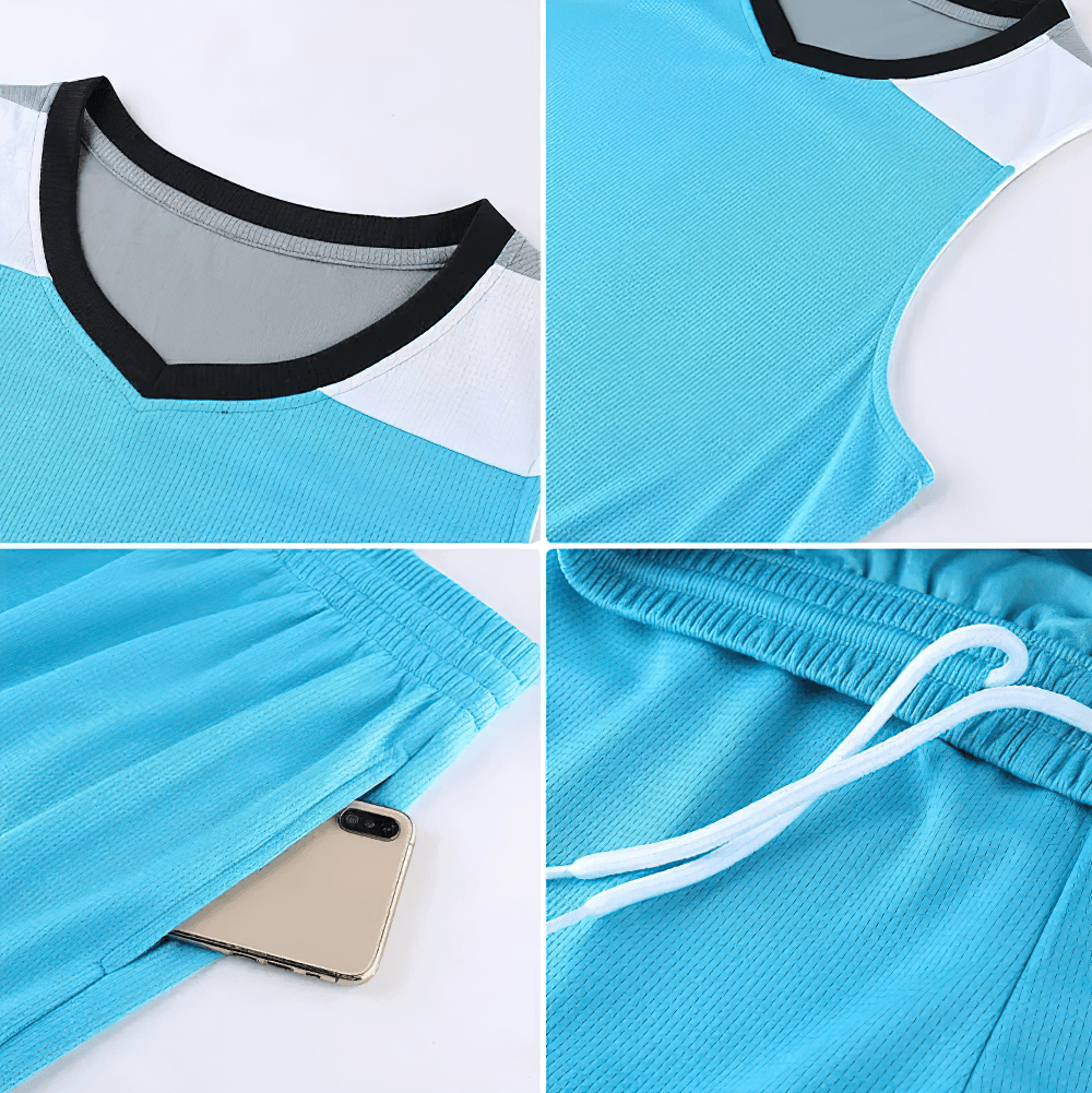 Men's Basketball Jersey and Shorts Training Set - SF4557 detailed view showing breathable fabric and vibrant color design.