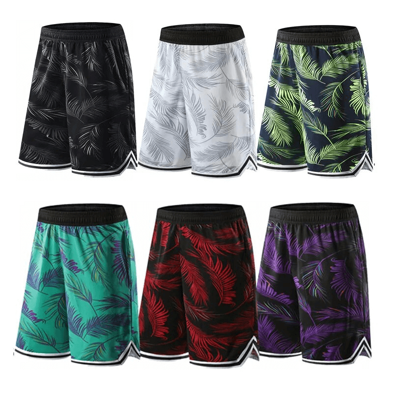 Colorful men's basketball shorts with elastic waist and leaf print, ideal for sports and active wear, shown in six vibrant colors.