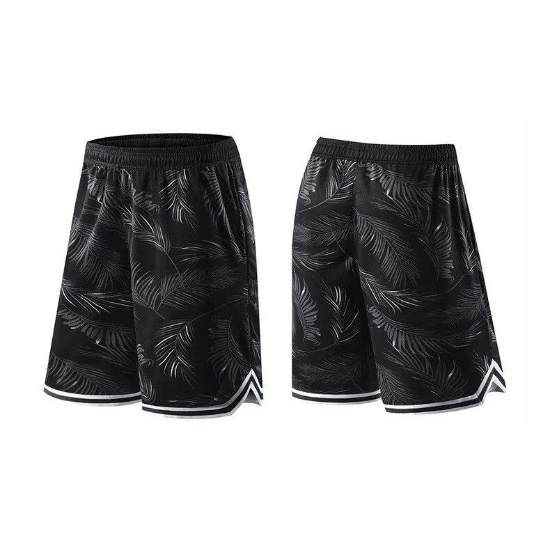 Men's basketball board shorts with elastic waist and print, perfect for sports. Lightweight, breathable design in black with leaf pattern.