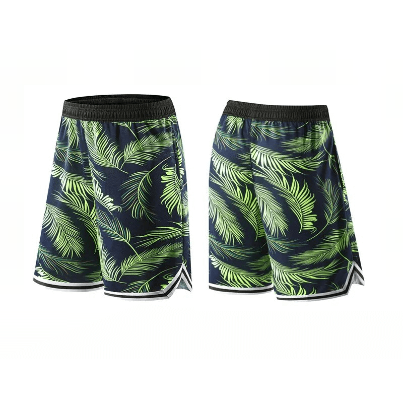 Men's basketball board shorts with elastic waist and green leaf print, ideal for active sports and mobility. Model SF1559.