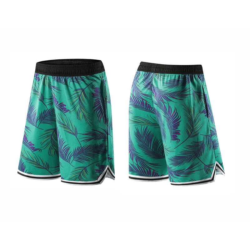 Men's basketball sports board shorts with a vibrant tropical print, elastic waist, designed for comfort and movement.