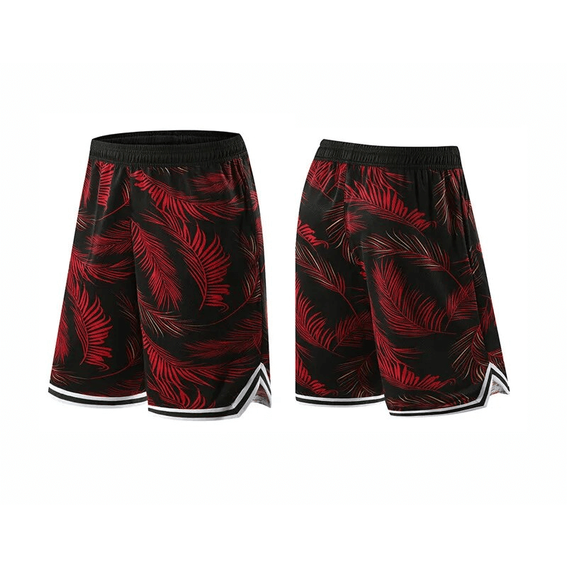 Men's basketball board shorts with red feather print, elastic waist, breathable fabric, perfect for sports.