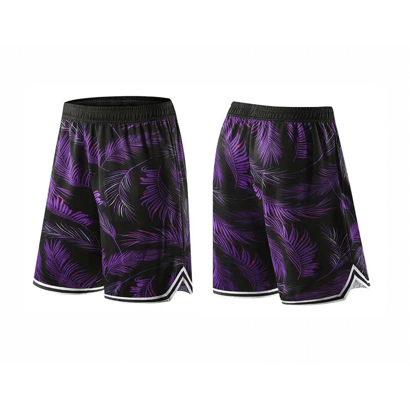 Men's basketball sports board shorts with purple leaf print, elastic waist, comfortable and breathable for active play.