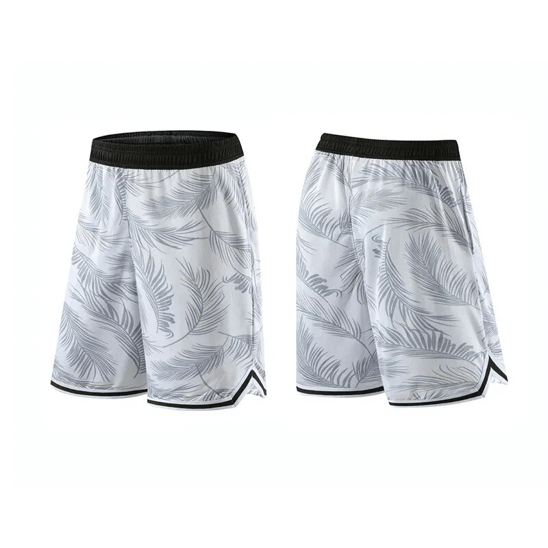 Men's basketball elastic waist board shorts with feather print, side view. Breathable polyester-spandex blend for sports. Model SF1559.