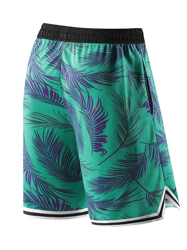 Men's basketball board shorts with vibrant leaf print, elastic waist for comfort and movement. Perfect for active sports.