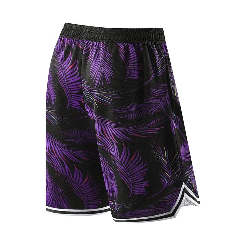 Men's basketball board shorts with purple leaf print, elastic waist, lightweight polyester blend, designed for active sports.