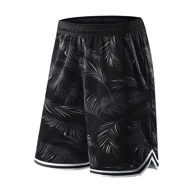 Men's basketball board shorts with elastic waist and leaf print, lightweight and breathable for sports, SF1559