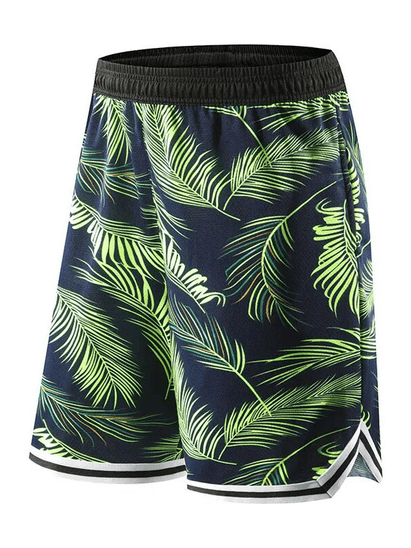 Men's basketball board shorts, elastic waist, green leaf print, lightweight, breathable, sporty design SF1559.