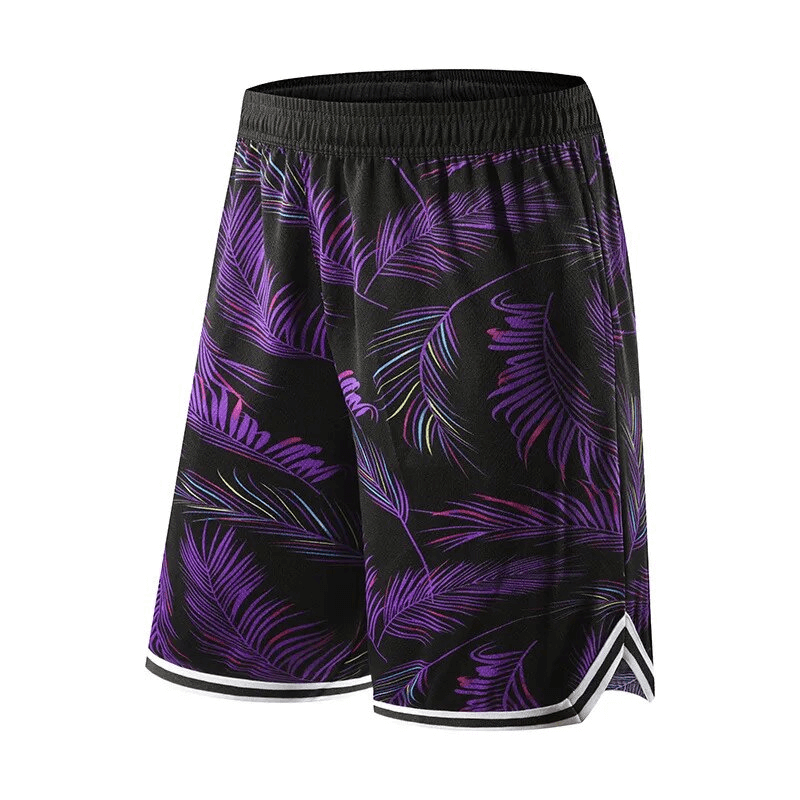 Purple printed men's basketball board shorts with elastic waist for active sports