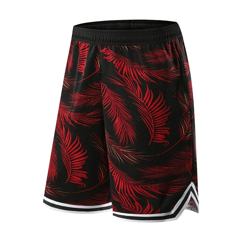 Men's basketball sports elastic waist board shorts with red leaf print, perfect for active athletes and easy movement on the court.