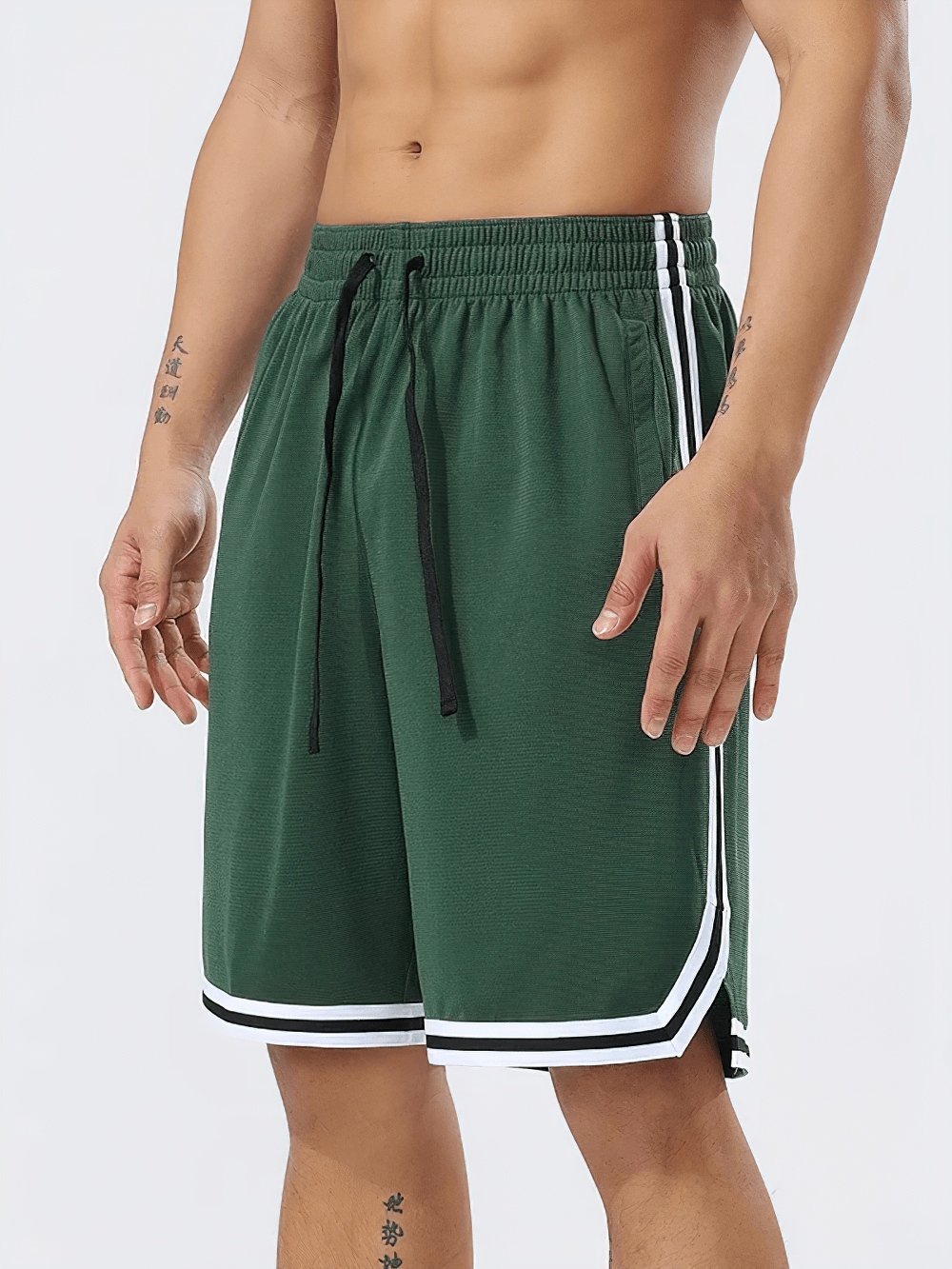 Alt Tag: Men's Basketball Training Shorts with Side Stripes - SF4451 green longline athletic court shorts with drawstring, side stripes, pockets