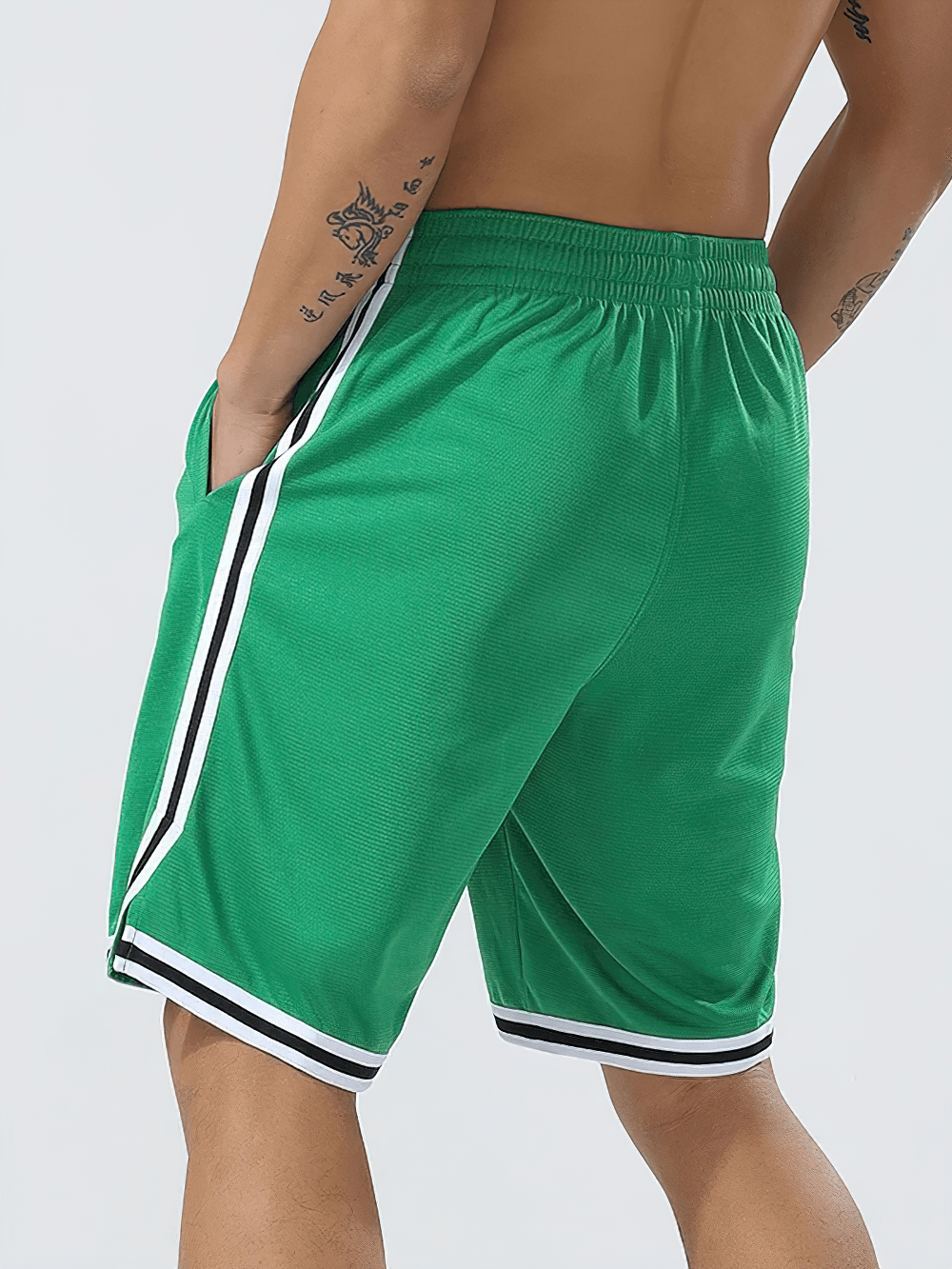 Alt Tag: Men's Basketball Training Shorts with Side Stripes - SF4451 green longline court shorts with contrast side stripes, elastic waist, rear view