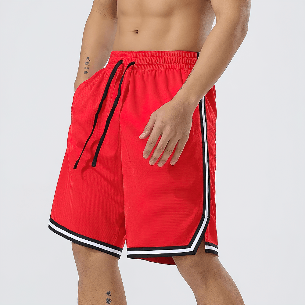 Alt Tag: Men's Basketball Training Shorts with Side Stripes - SF4451 red athletic court shorts with drawstring waist, side stripes, pockets