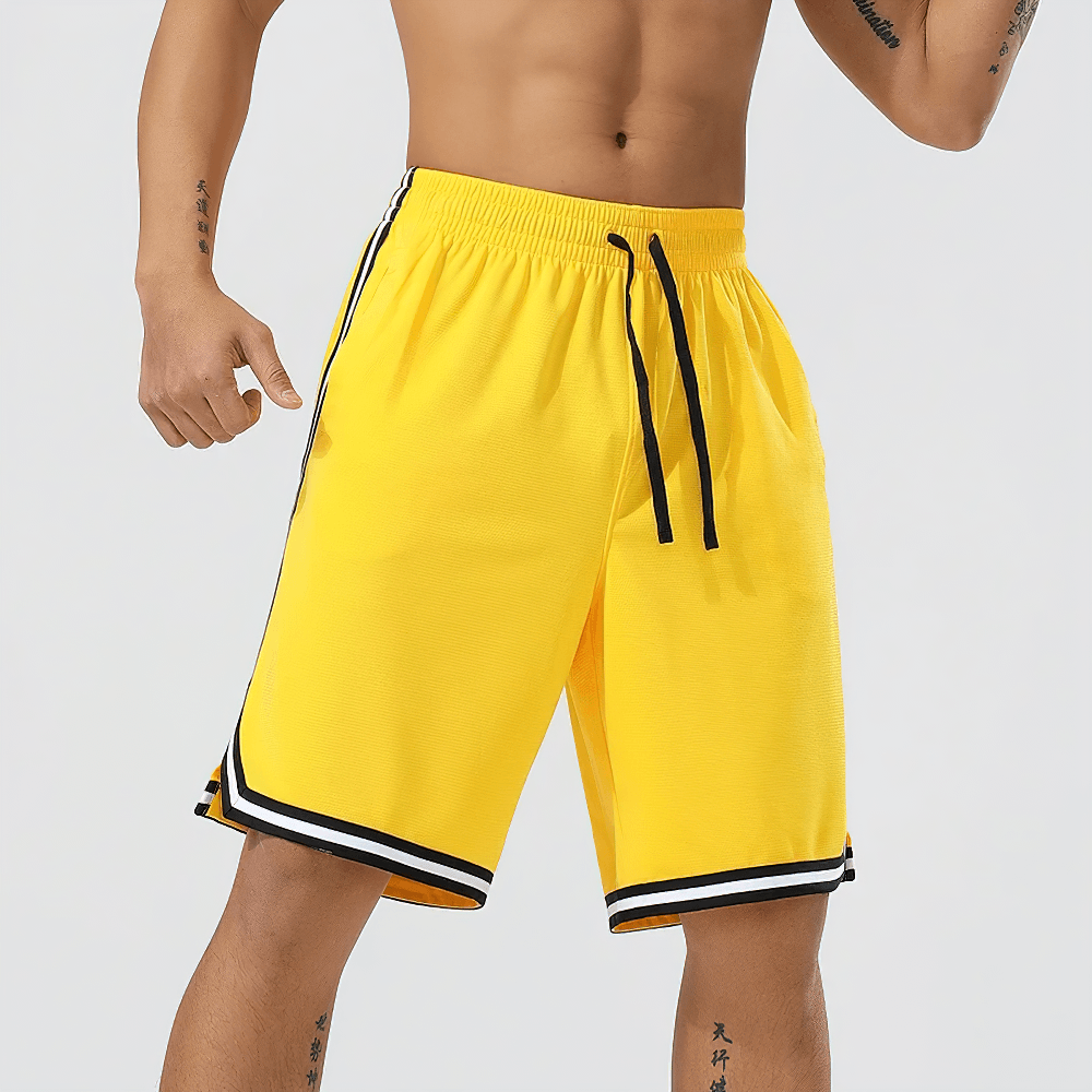 Alt Tag: Men's Basketball Training Shorts with Side Stripes - SF4451 yellow longline court shorts with drawstring waist, side stripes, pockets