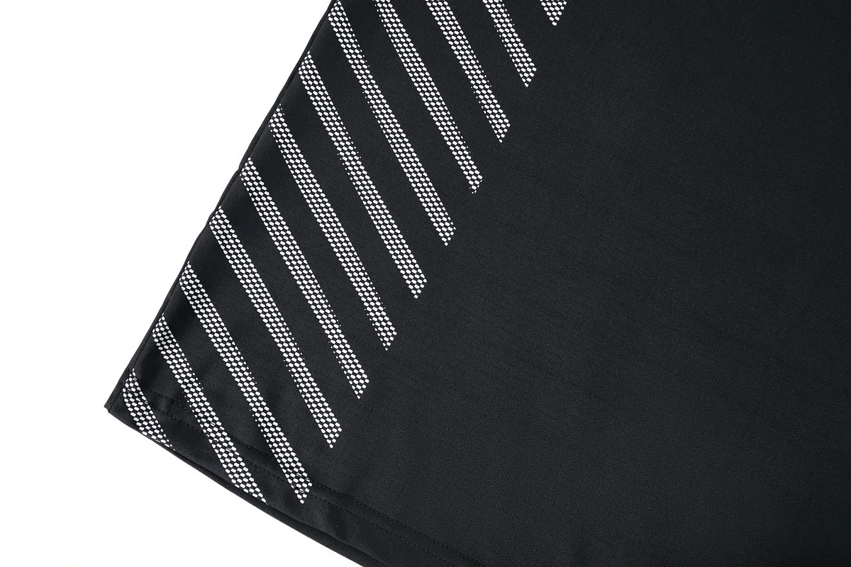 Close-up of Men's Black Athletic Shorts with White Stripes, showcasing lightweight polyester fabric for flexibility and breathability.
