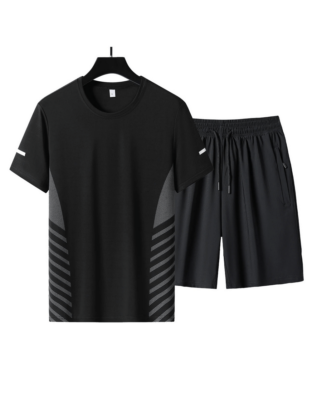 Men's Black O-Neck T-Shirt and Shorts Set SF2033, lightweight polyester, flexible for workouts, quick dry, athletic wear.