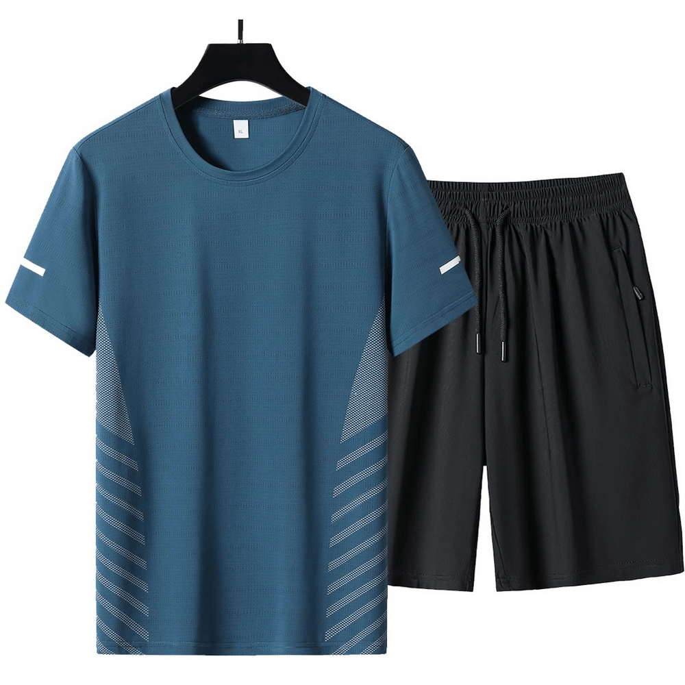 Men's athletic wear set: lightweight O-neck t-shirt and drawstring shorts, breathable and flexible for workouts, quick-dry fabric.