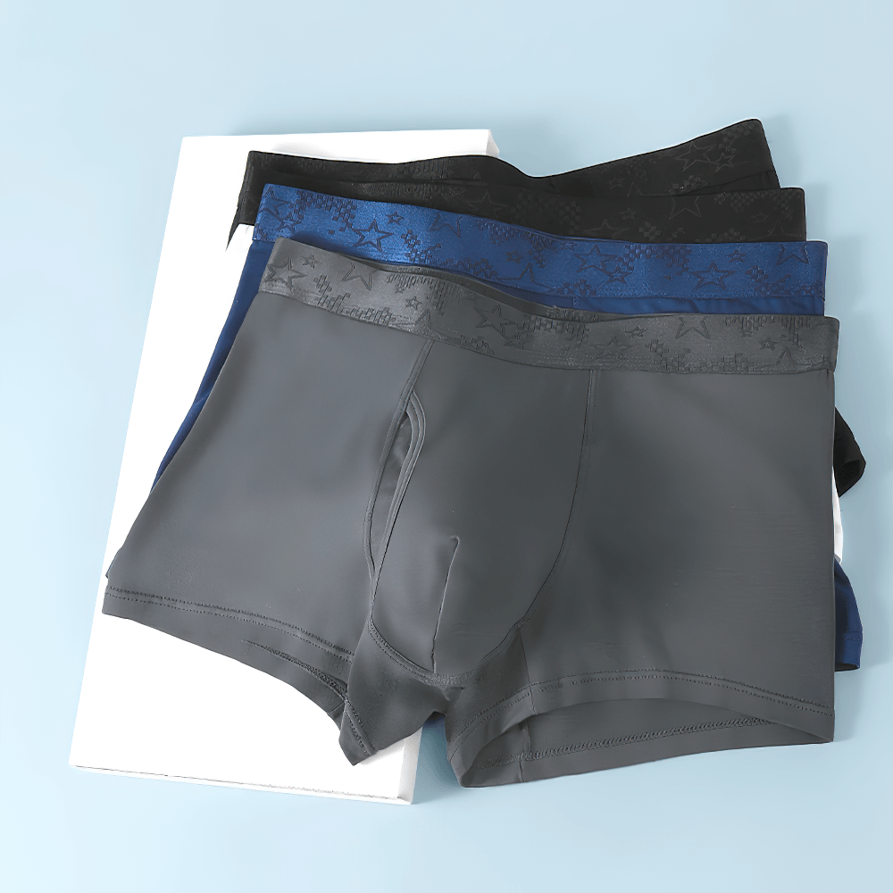Men's Boxer Briefs with Star Waistband Detail - SF4745 in black, blue, and gray on a light background.