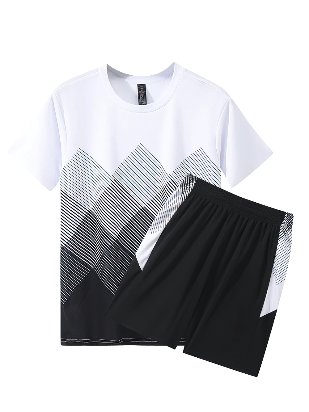 Alt Tag: Men's Breathable Activewear Set for Gym Training - SF4484 white geometric gradient t-shirt with black shorts, breathable gym training set