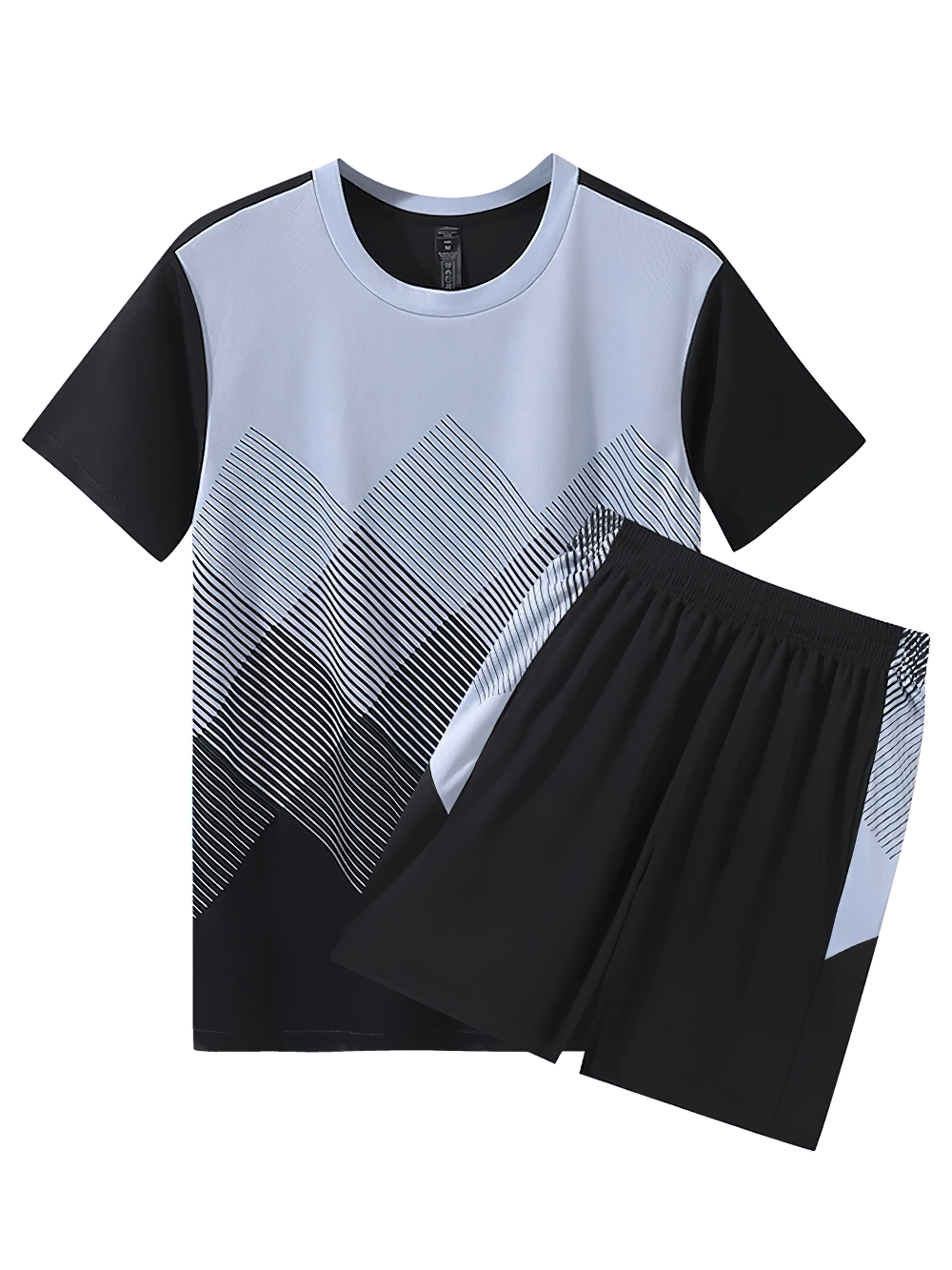 Alt Tag: Men's Breathable Activewear Set for Gym Training - SF4484 geometric gradient short-sleeve t-shirt and black shorts with elastic waistband