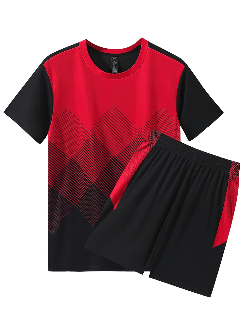 Alt Tag: Men's Breathable Activewear Set for Gym Training - SF4484 red and black geometric gradient t-shirt with matching shorts