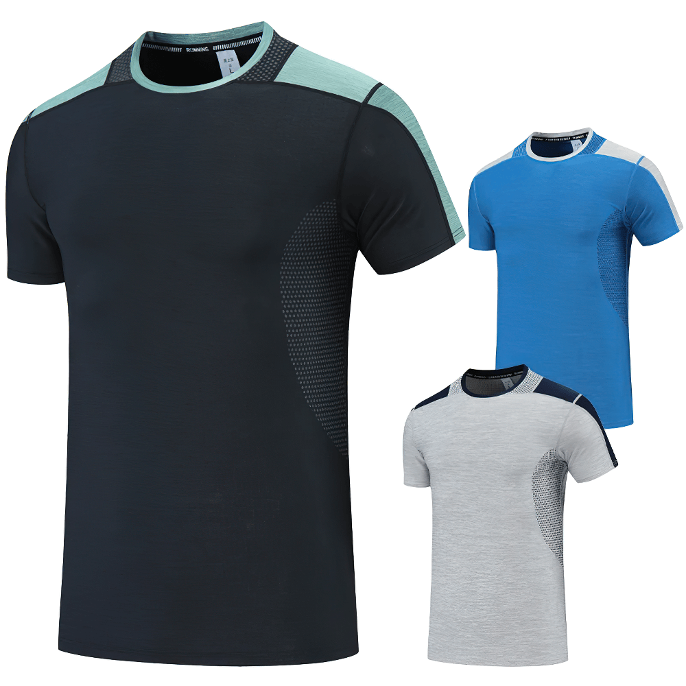 Alt Tag: Men's Breathable Gym Running Short Sleeve T-Shirt - SF4303 moisture-wicking athletic tee in black, blue, and grey