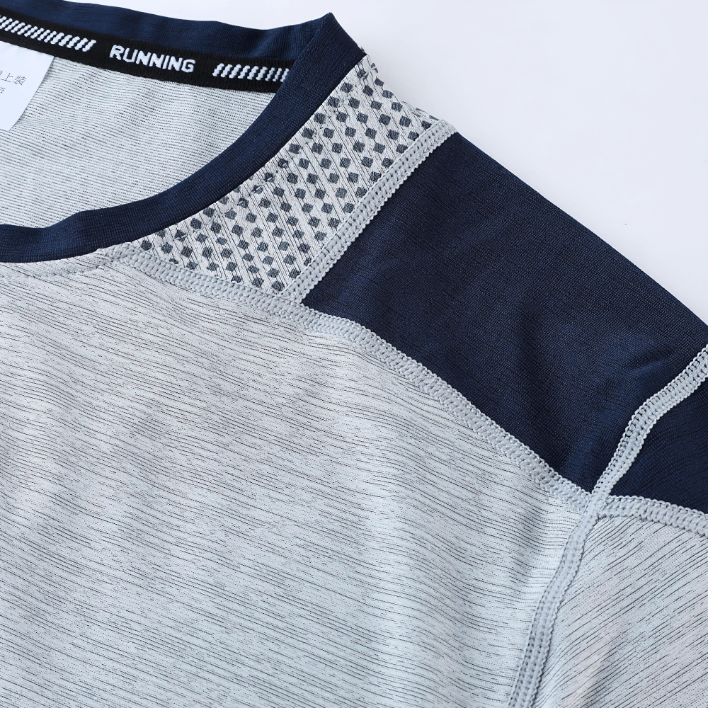 Alt Tag: Men's Breathable Gym Running Short Sleeve T-Shirt - SF4303 close-up of breathable mesh shoulder panels and sporty stitching