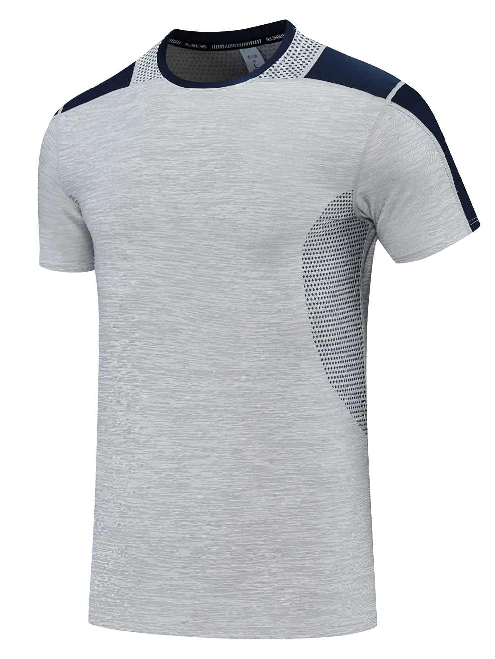 Alt Tag: Men's Breathable Gym Running Short Sleeve T-Shirt - SF4303 light gray athletic tee with breathable mesh panels and navy shoulder accents