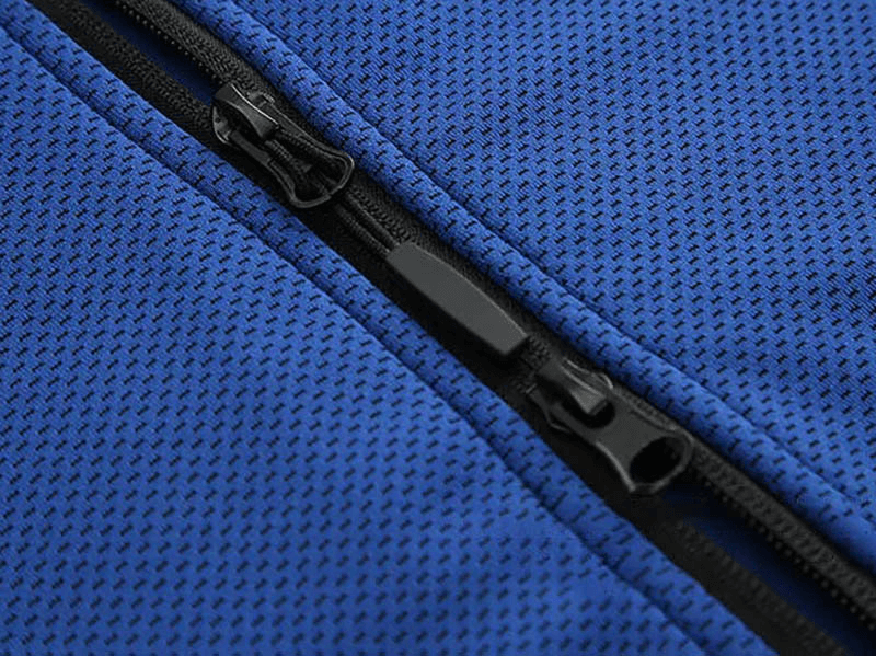 Close-up of blue breathable fabric with zipper from men's hooded running jacket SF1836, showcasing quality polyester and durability.