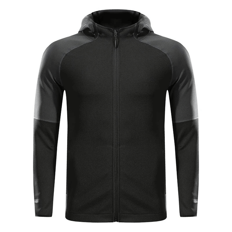 Men's breathable hooded running jacket SF1836, sleek black polyester, wrinkle-resistant, ideal for active lifestyles.