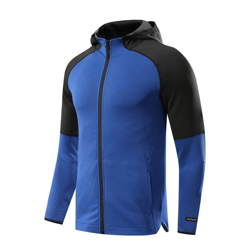 Men's blue and black breathable hooded running jacket SF1836 with anti-pilling, anti-shrink, and wrinkle-resistant polyester fabric.