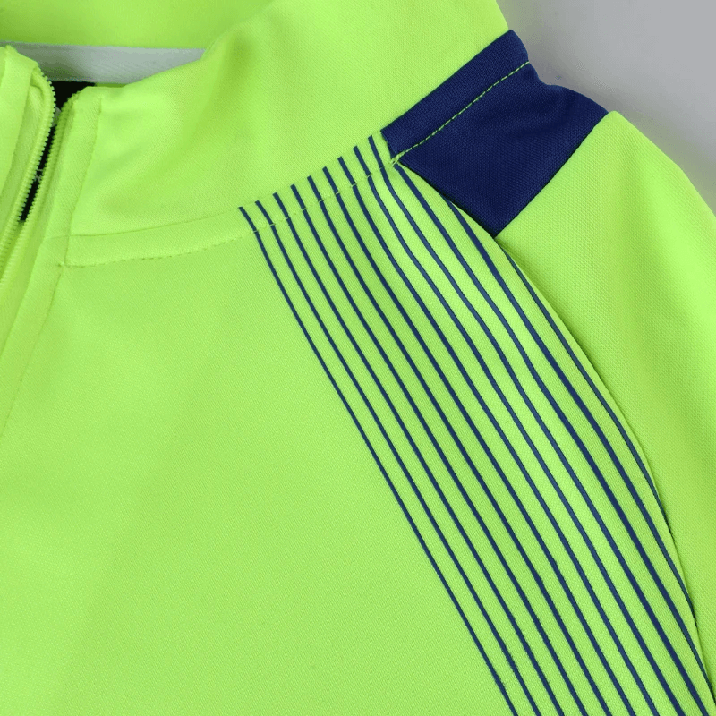 Close-up of lime green men's breathable long sleeve zip track top SF2071 with stylish blue stripe details for athletic performance.