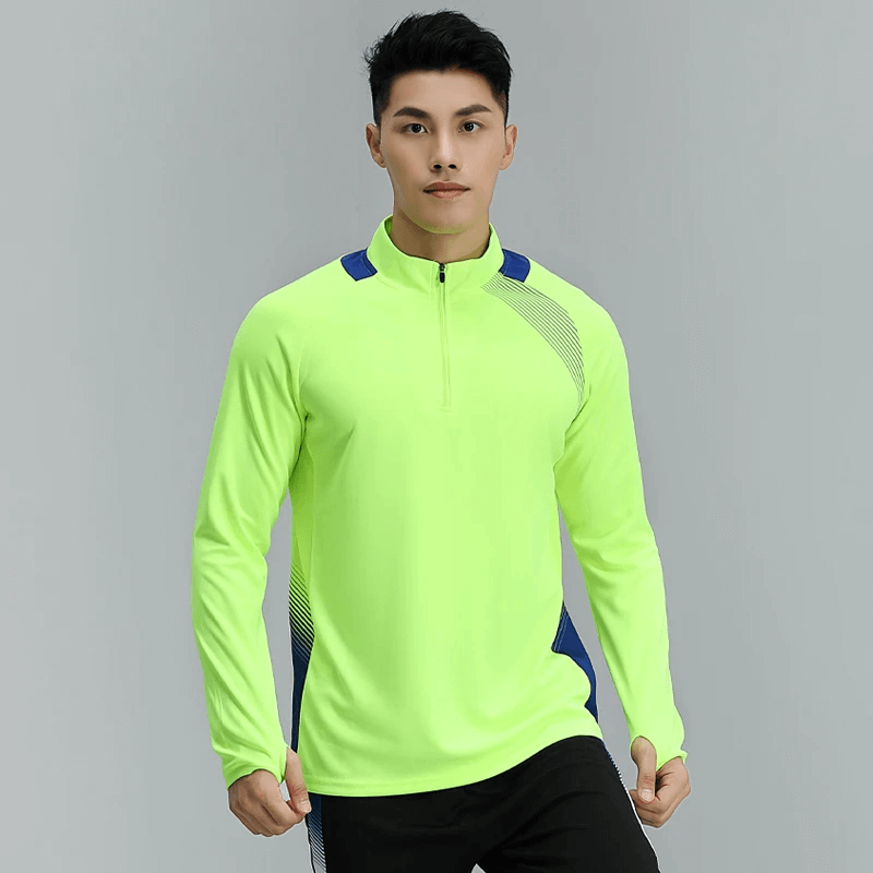 Men's breathable neon green long sleeves zip track top SF2071 with black accents, ideal for athletic workouts and running.