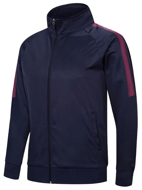 Men's breathable sport jacket with zipper in navy blue, featuring red stripe accents and lightweight microfiber material, SF1839