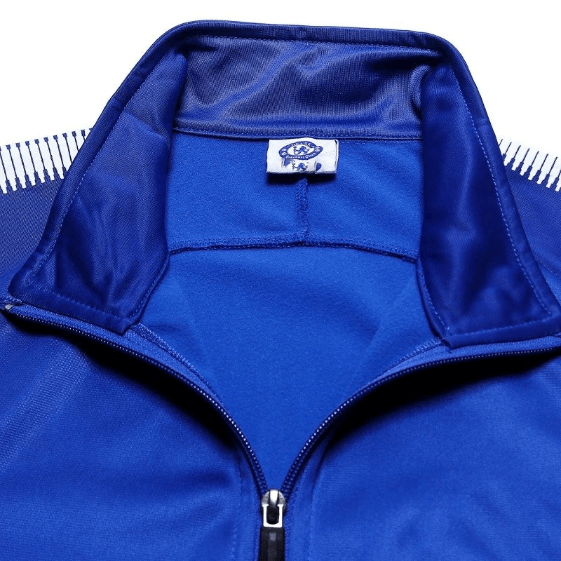 Close-up of blue men's breathable sports jacket with zipper, showcasing collar detail and lightweight microfiber material - SF1839.