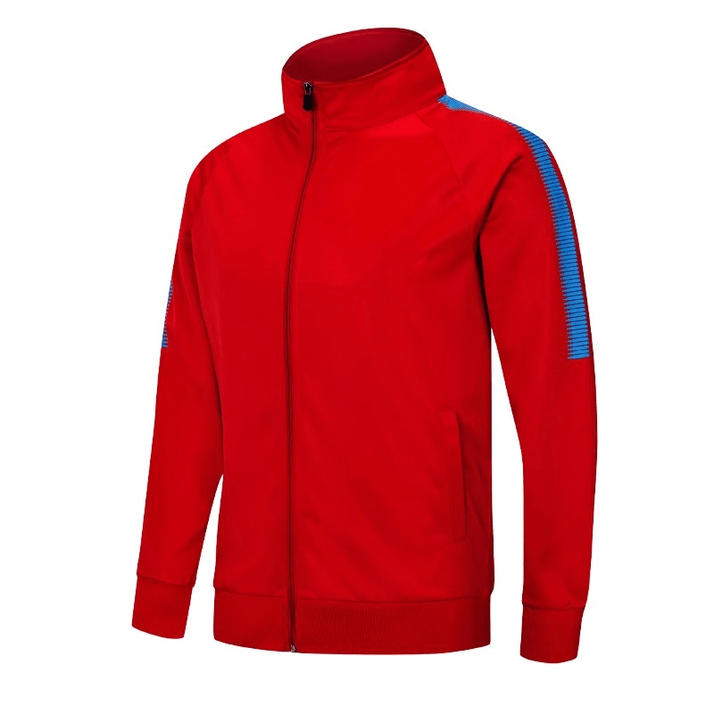 Men's red breathable sport jacket with blue stripe detailing, zipper closure, lightweight microfiber material for running and workouts - SF1839