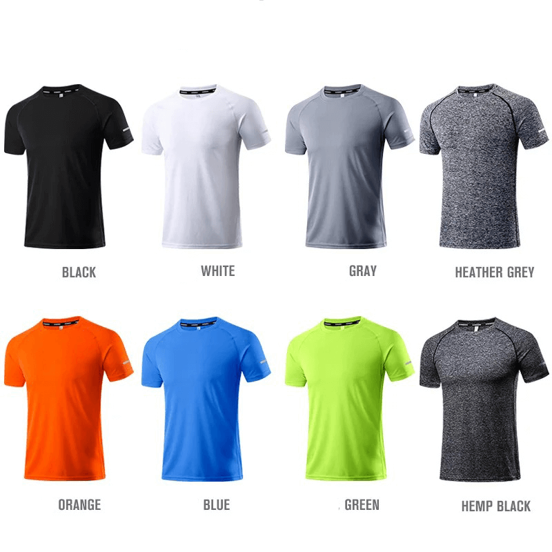 Colorful men's breathable sportswear t-shirts showcasing black, white, gray, heather grey, orange, blue, green, and hemp black variants.