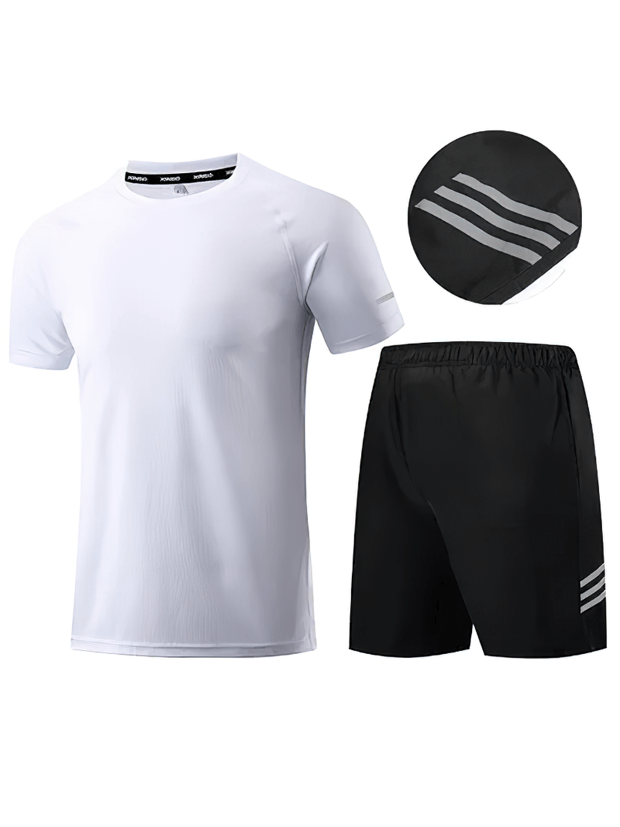 Men's breathable sportswear set, including white short sleeve tee and black shorts, ideal for fitness activities - SF2027