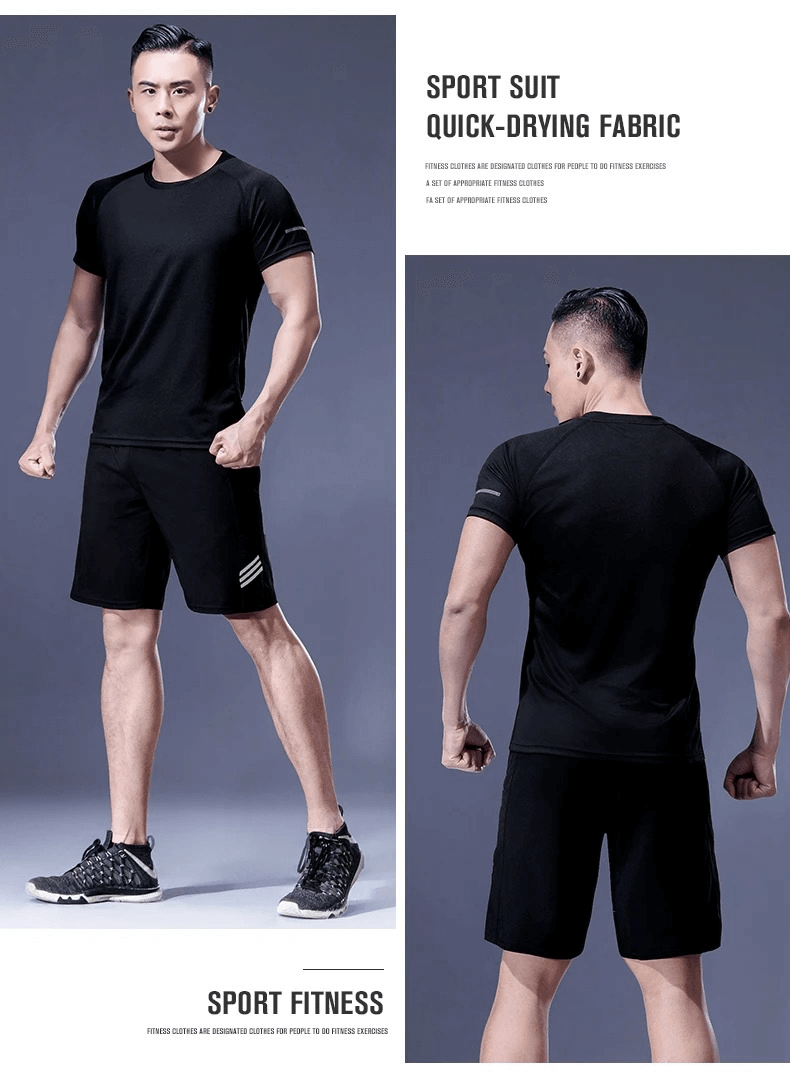 Men's Breathable Sportswear Set SF2027 - Black Athletic Tee and Shorts, Quick-Drying Fabric for Fitness and Workouts