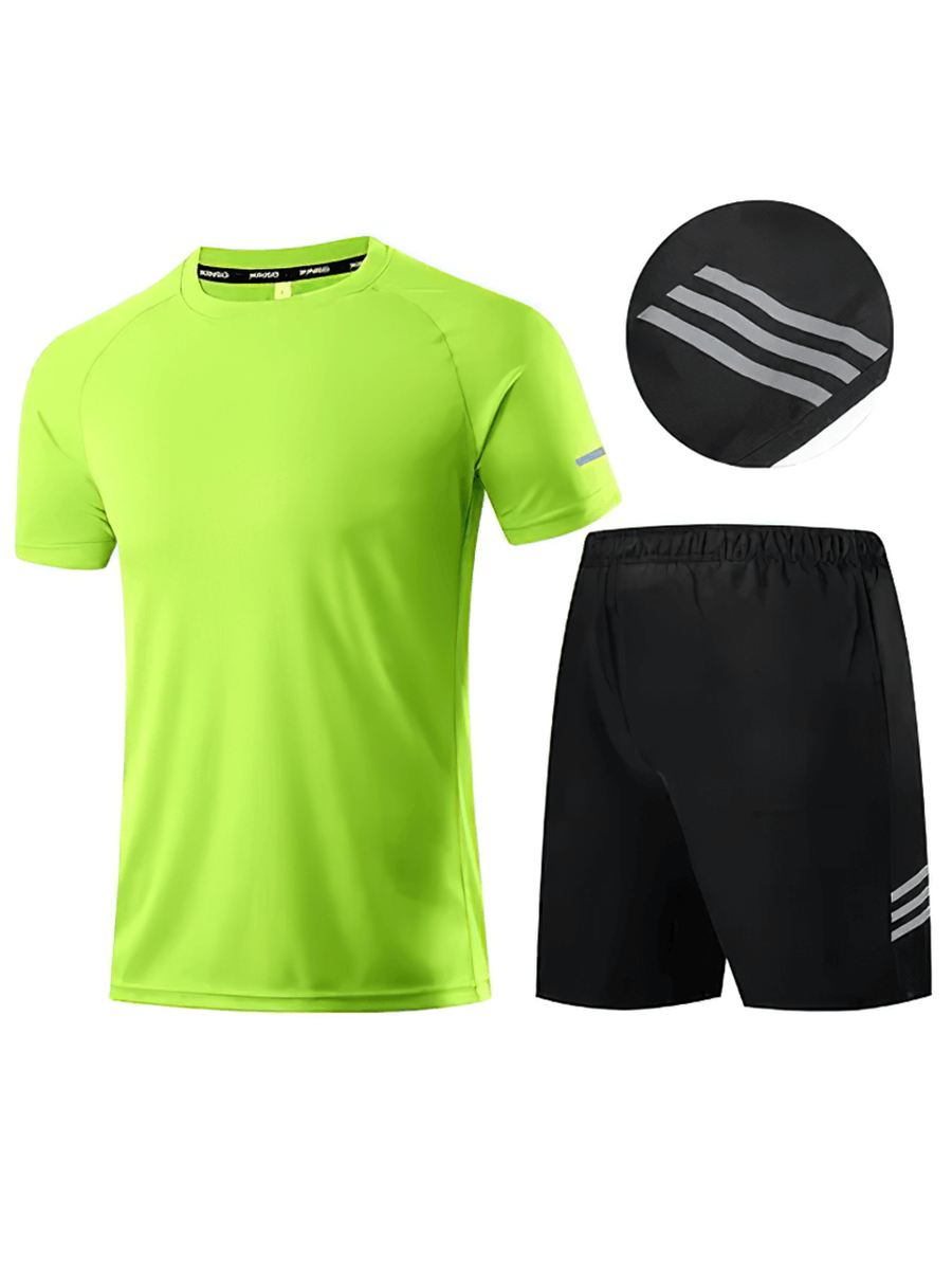 Men's breathable sportswear set SF2027, lime green short sleeve shirt and black shorts for fitness and performance.