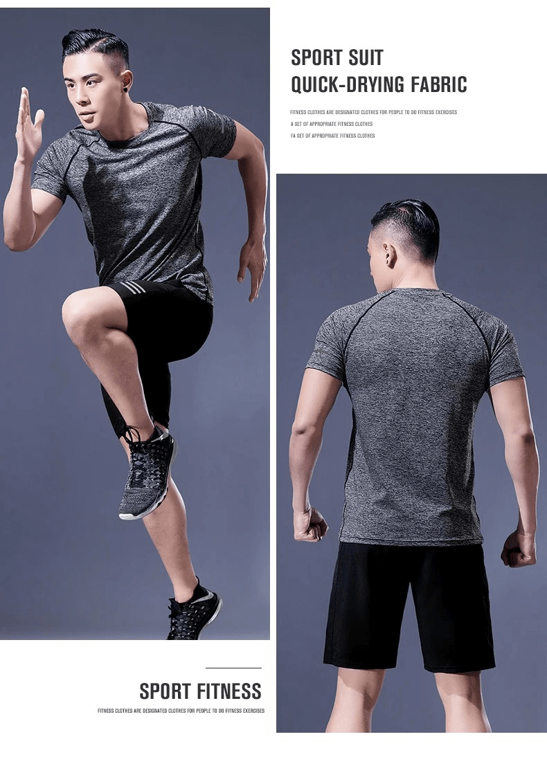 Men's breathable sportswear with short sleeve pictured in action and back view. Fitness tee and shorts combo for ultimate workout.