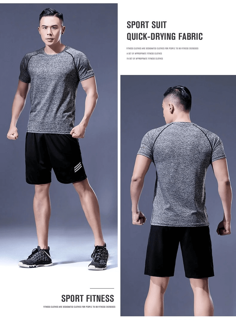 Man modeling Men's Breathable Sportswear SF2027: a gray short-sleeve fitness tee and black shorts, ideal for workouts.