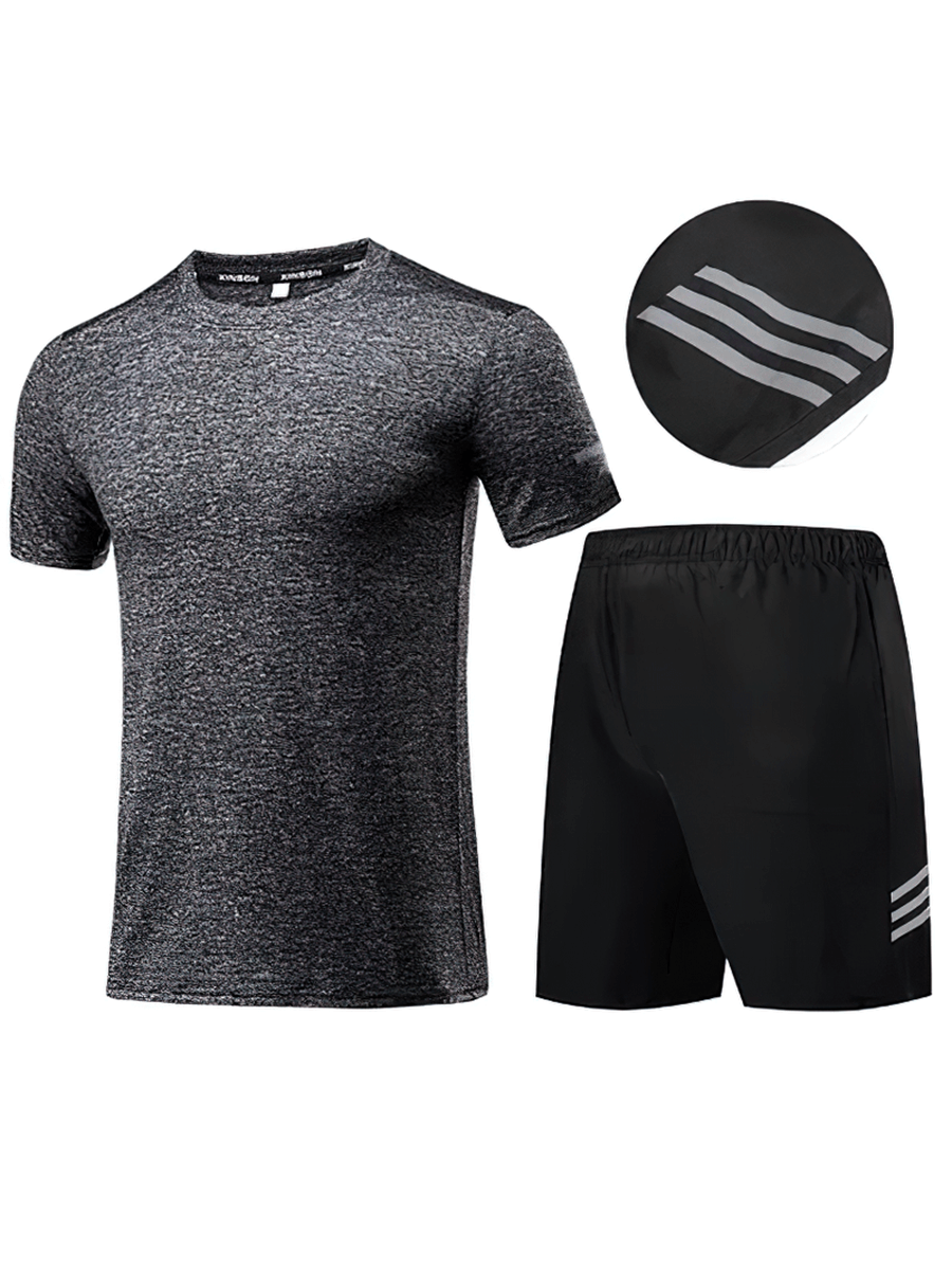 Men's breathable sportswear set SF2027, short sleeve athletic shirt and shorts, O-Neck, polyester-spandex, workout essentials.