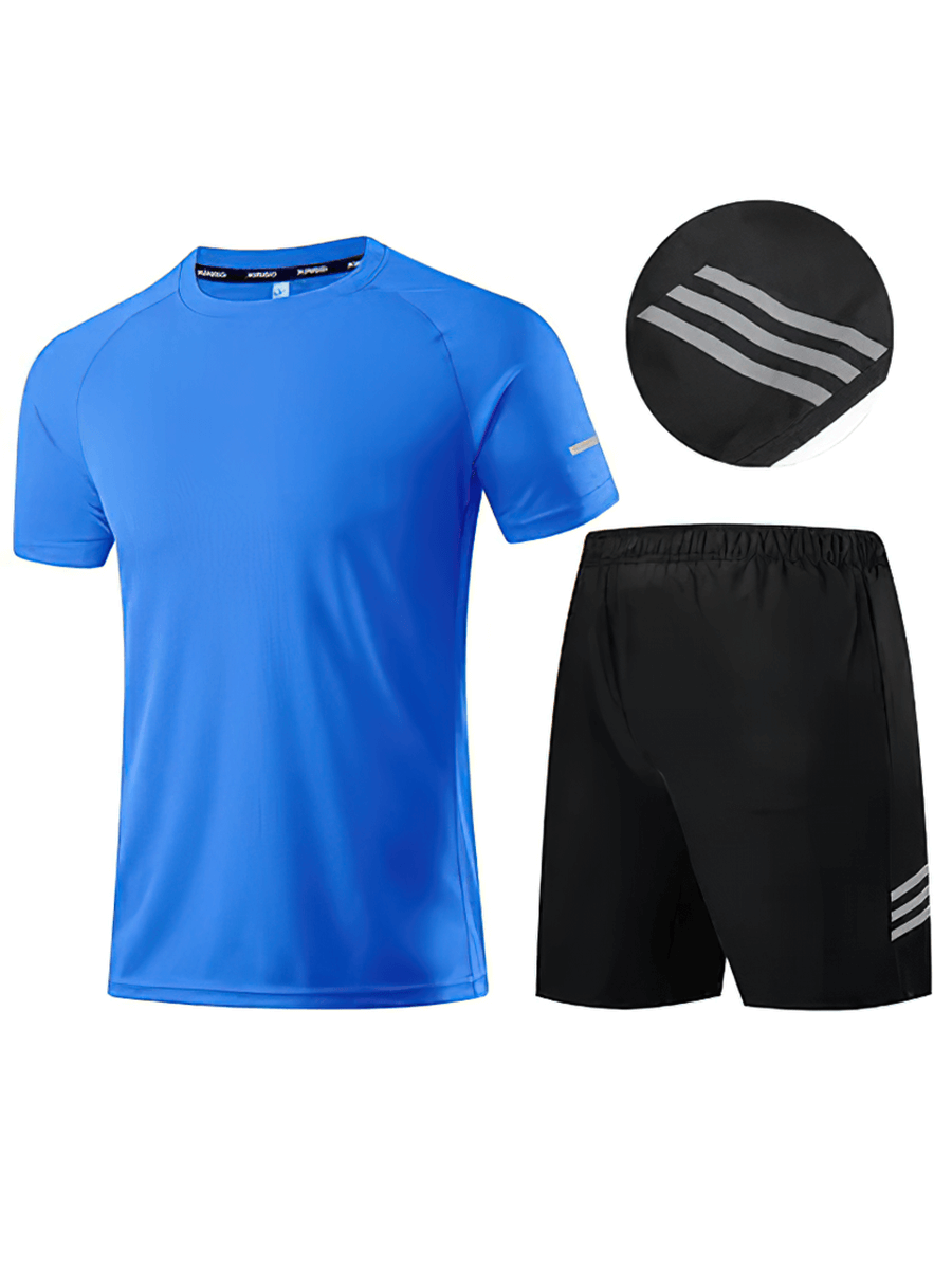 Men's breathable sportswear SF2027, blue athletic tee and black shorts set for peak performance workouts.