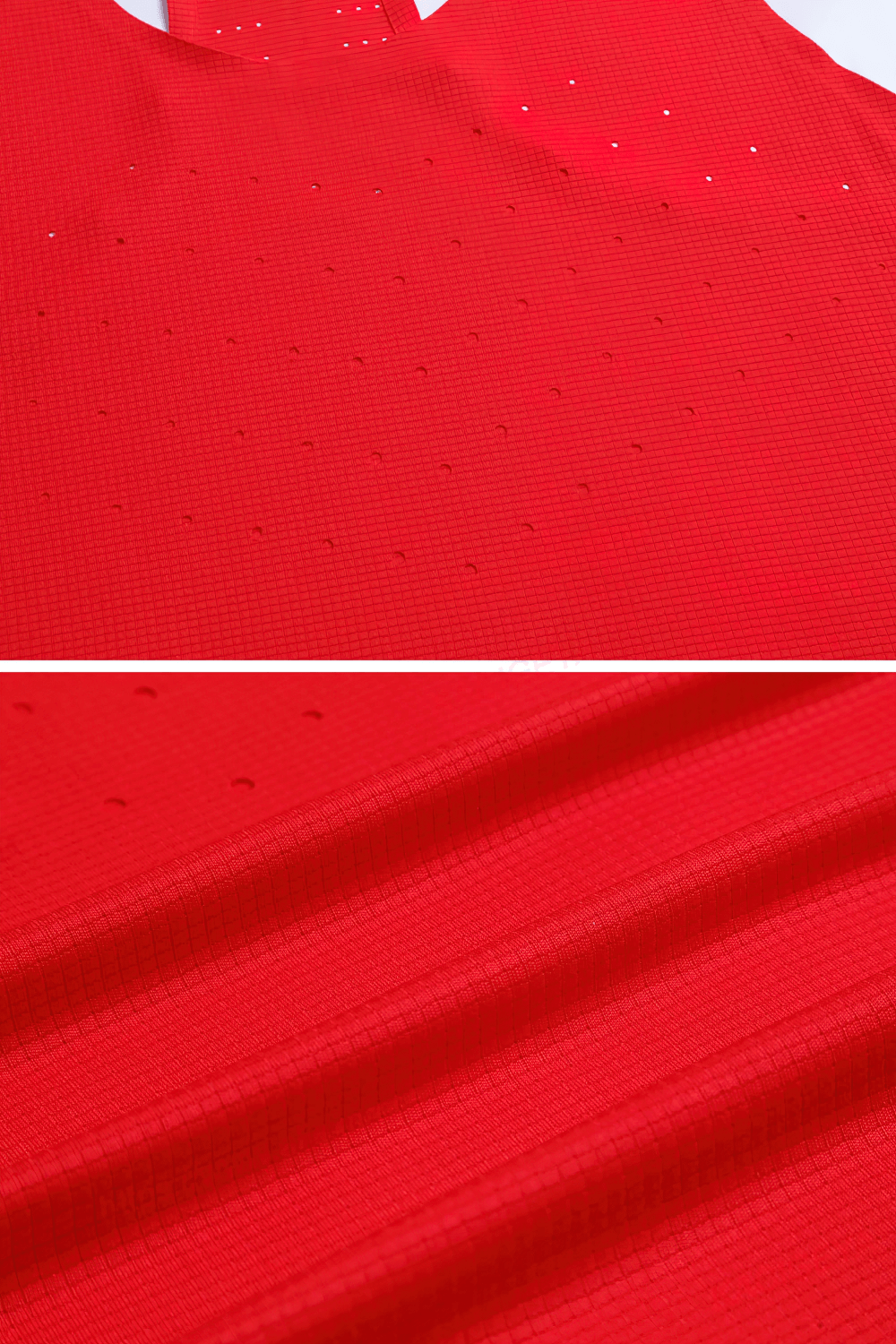 Close-up detail of Men's Breathable Tank Top for Gym and Running - SF4090 in red mesh fabric highlighting ventilation and texture.